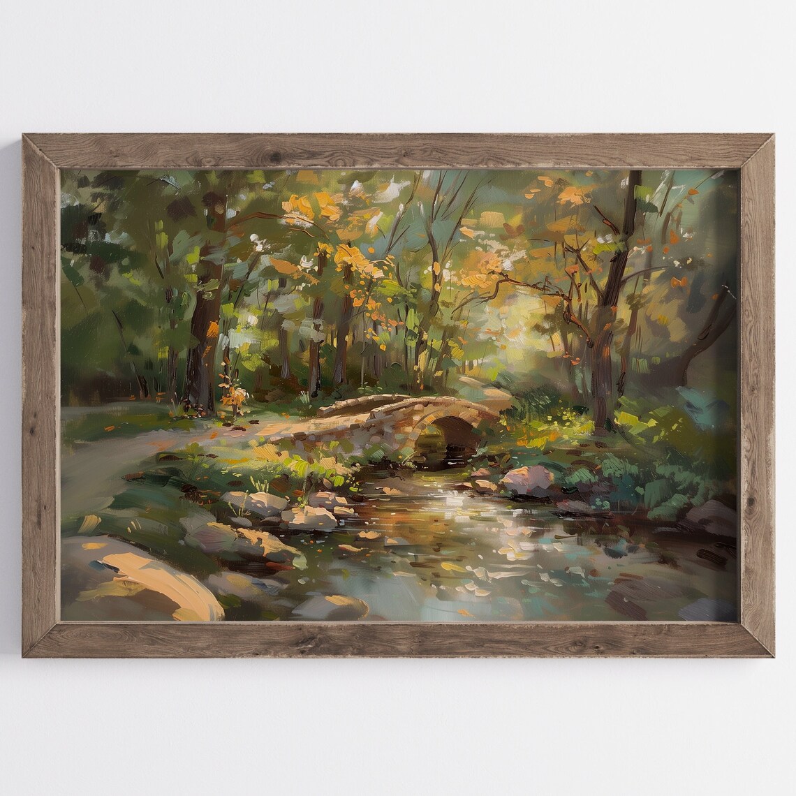 Stone Bridge Over Autumn Stream Sunlit Woodland Painting Wall Art