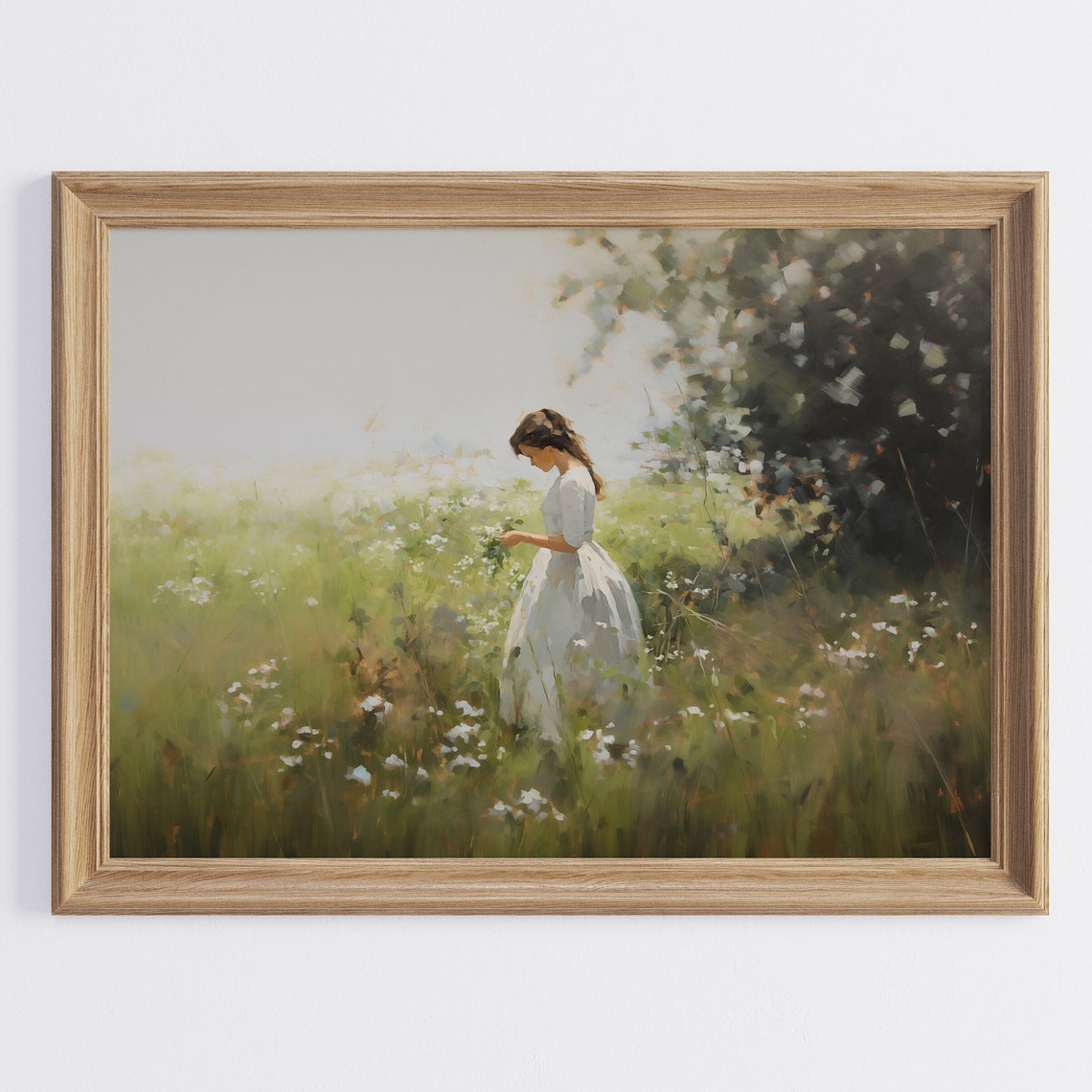 Young Woman in White Dress Gathering Wildflowers Meadow Print