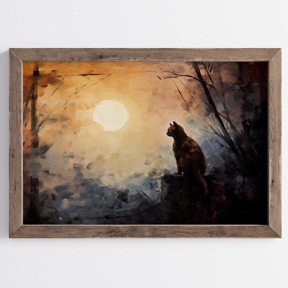 Black Cat Moonlit Forest Glowing Moon Witchy Halloween Art Poster