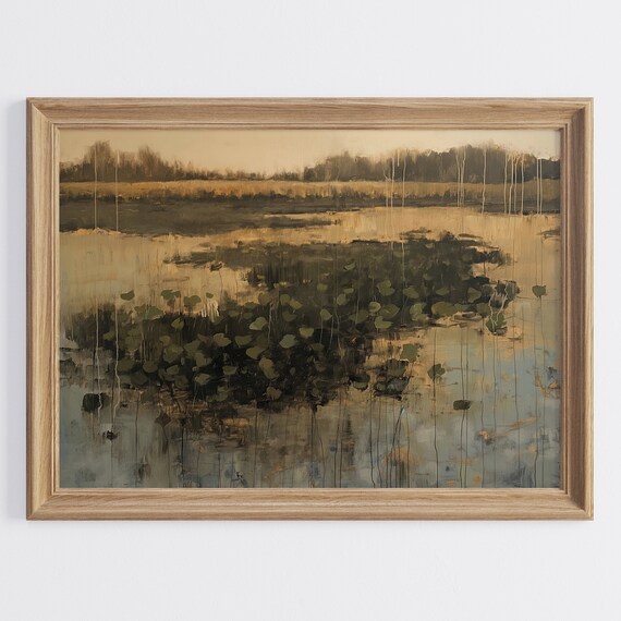 Moody Rain Pond with Lily Pads Golden Dusk Reflections Landscape Poster