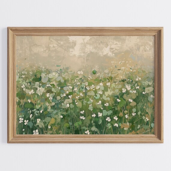 Abstract Green Meadow White Wildflowers Spring Landscape Wall Art