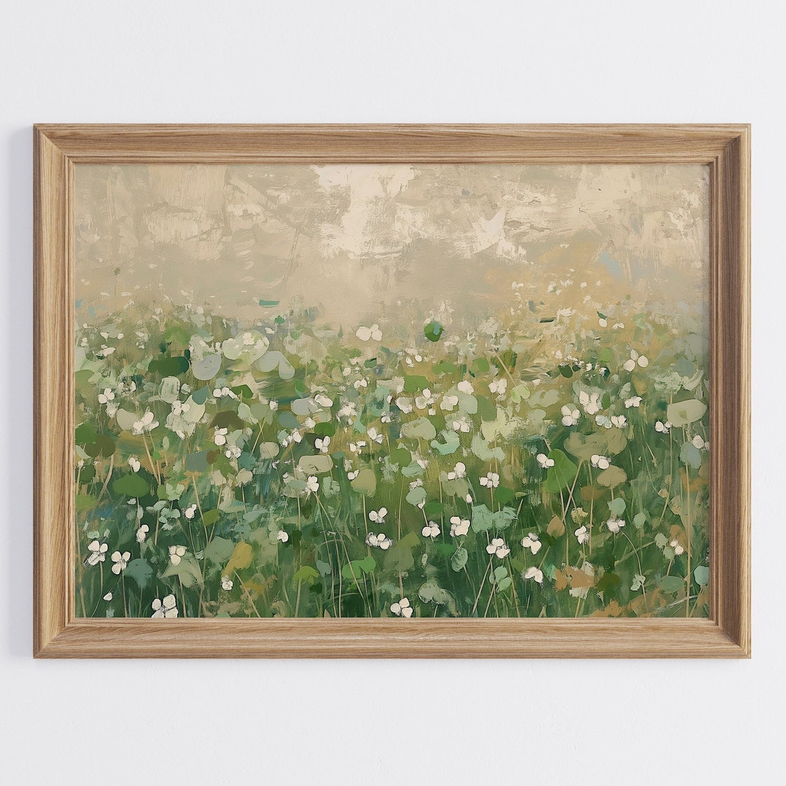 Abstract Green Meadow White Wildflowers Spring Landscape Wall Art