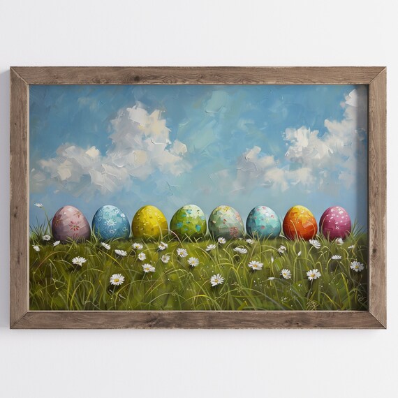 Painted Easter Eggs Spring Hill Oil Painting Farmhouse Wall Art