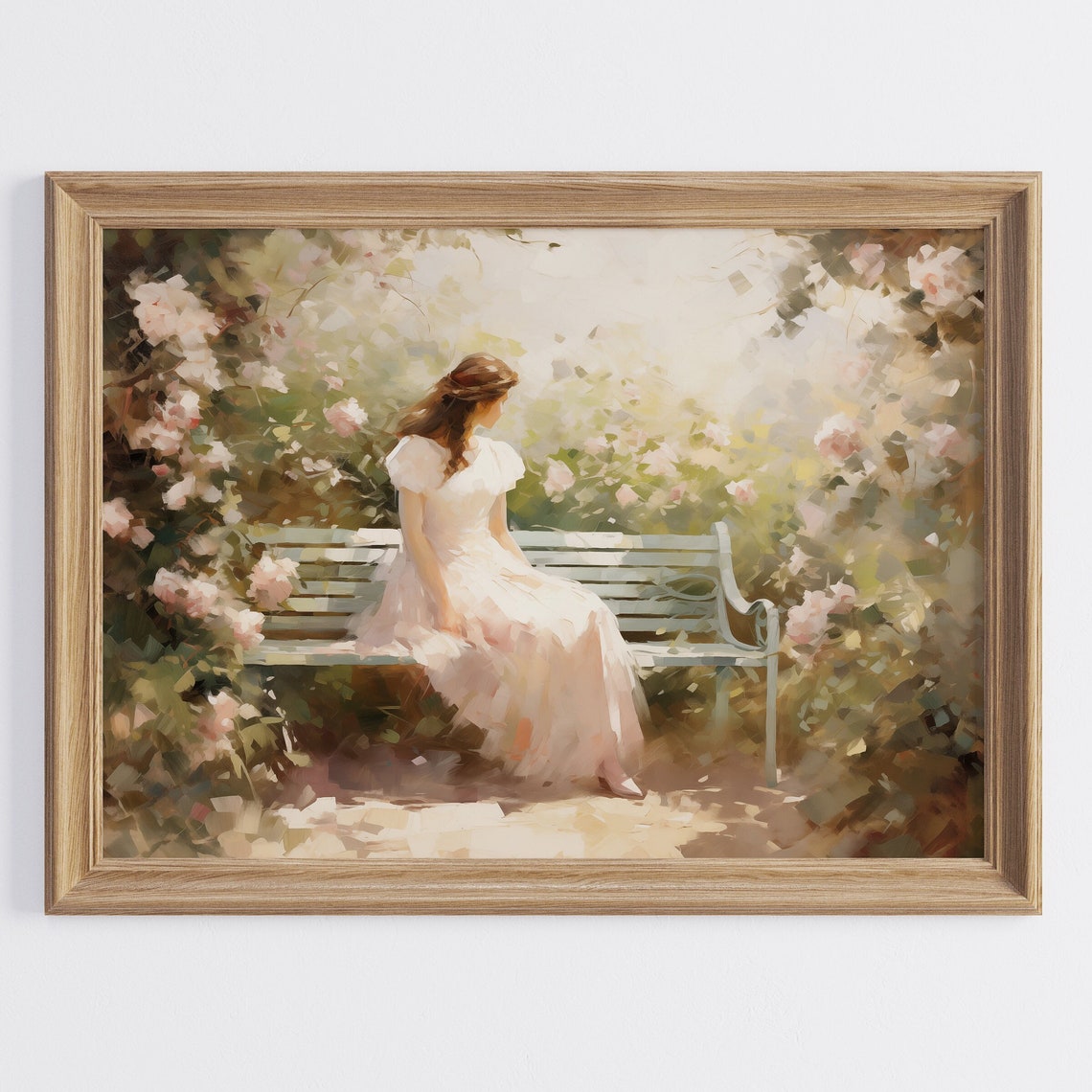 Rose Bushes Vintage Painting Woman Thinking Spring Flower Decor Floral Landscape Oil Painting Muted Farmhouse Summer Print