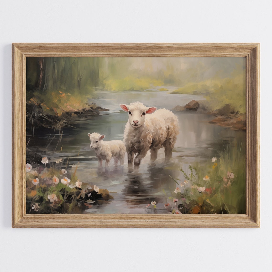 Lambs Wading Forest Stream Spring Country Oil Painting Wall Art