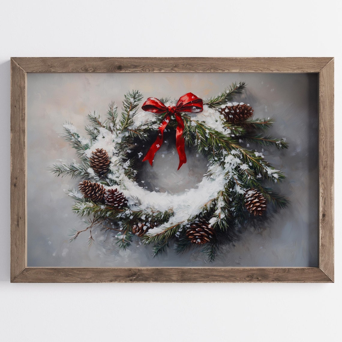 Snowy Pine Wreath Red Bow Pinecones Christmas Holiday Poster