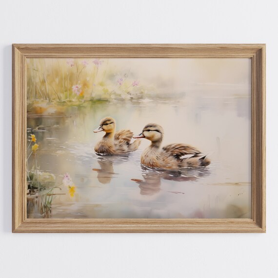 Ducklings Swimming Misty Pond Spring Watercolor Farmhouse Wall Art