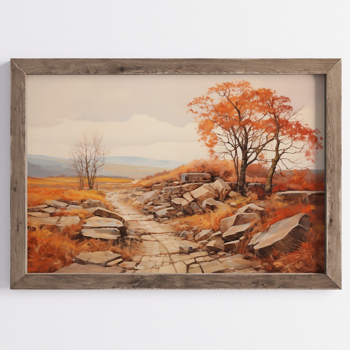 Rocky Stone Path Autumn Countryside Orange Trees Vintage Poster