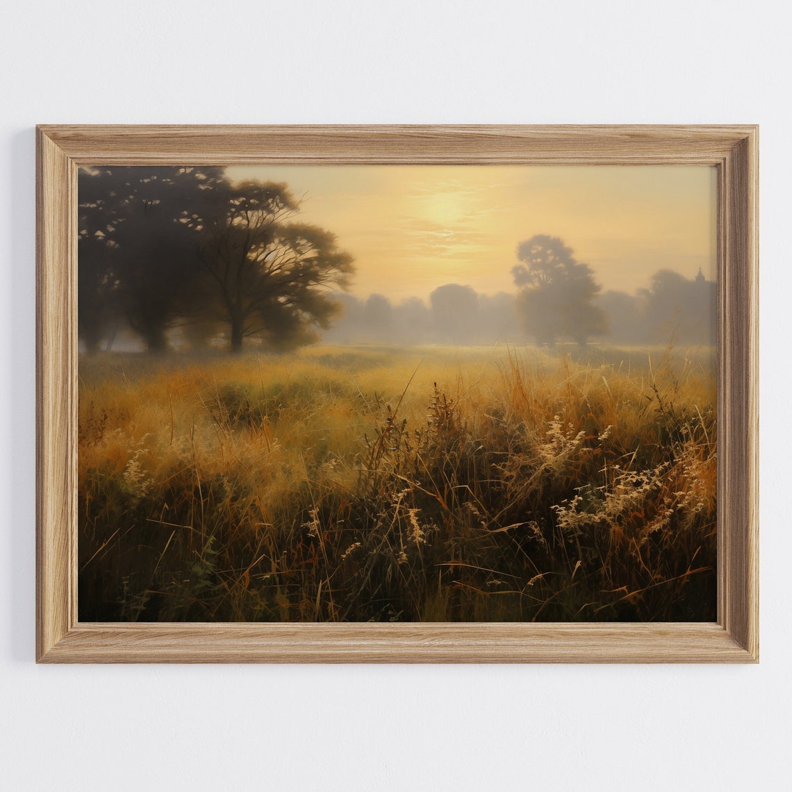 Golden Sunrise Over Misty Meadow With Silhouetted Trees Poster