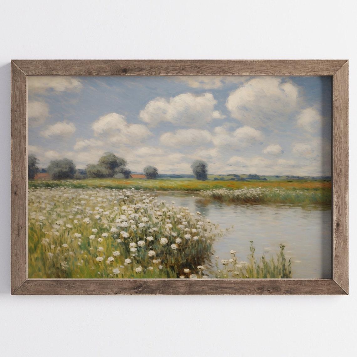 White Wildflower Field By River Under Big Summer Clouds Poster
