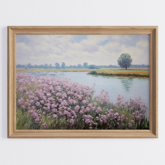 Purple Lavender Wildflowers By River Blue Sky Summer Meadow Oil Painting Poster