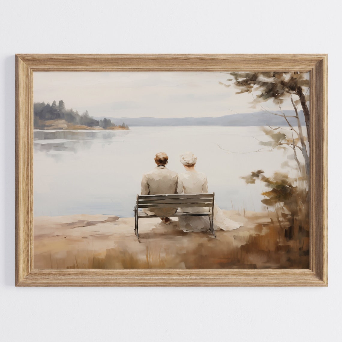 Romantic Couple on Lake Bench Soft Neutral Watercolor Landscape Print