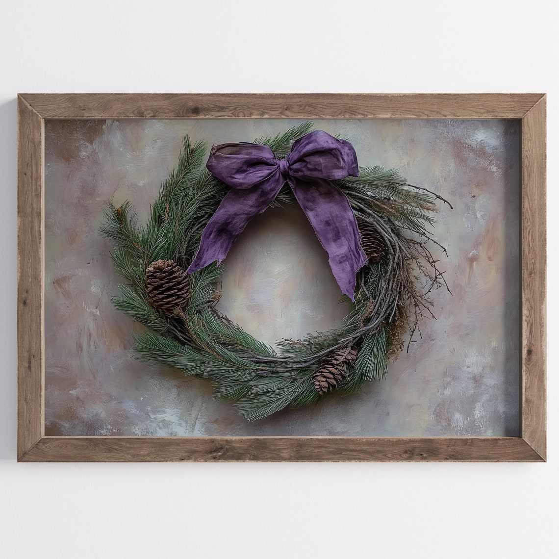 Rustic Pine Wreath Purple Bow Pinecones Vintage Christmas Poster