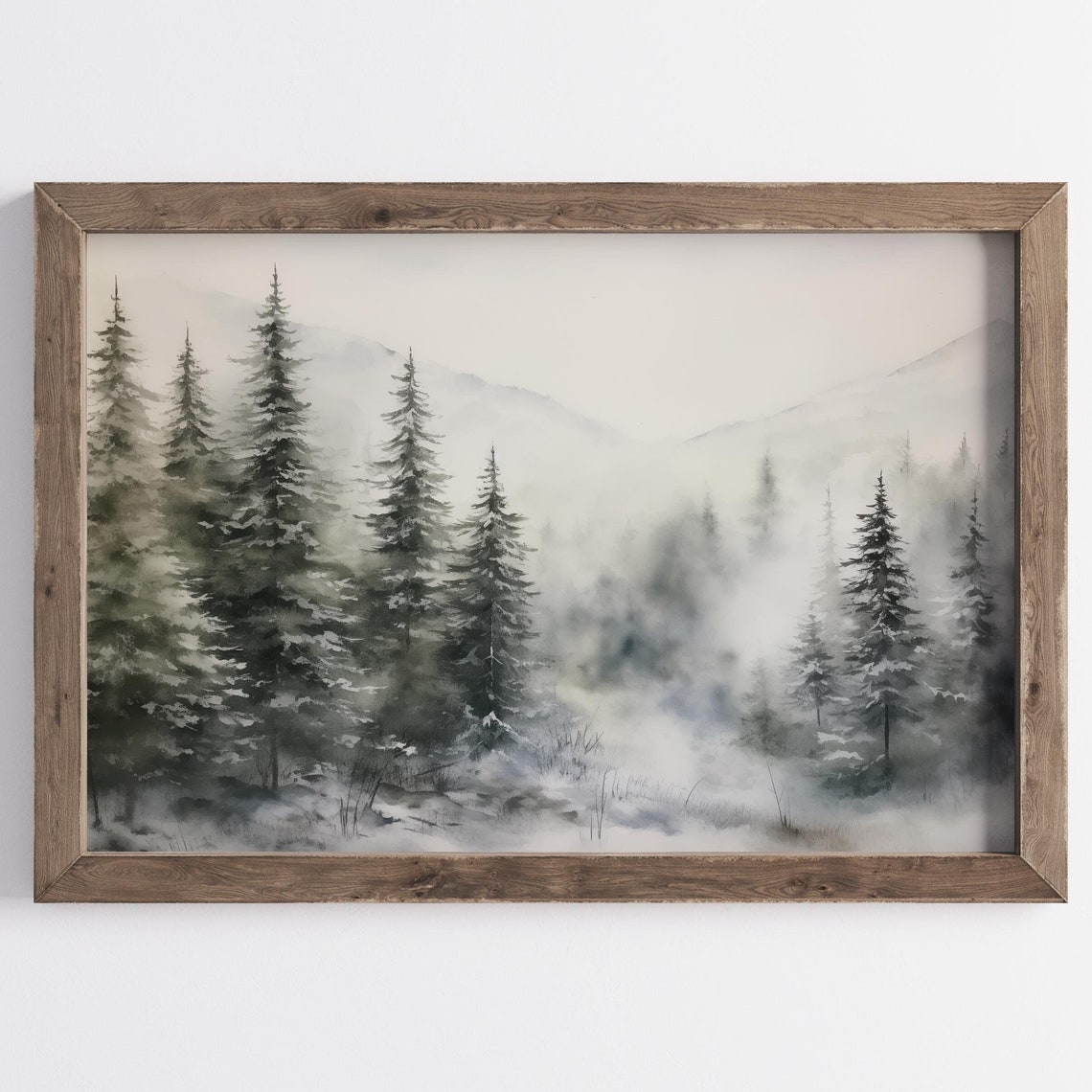 Misty Winter Pine Forest Snowy Evergreen Watercolor Woodland Poster