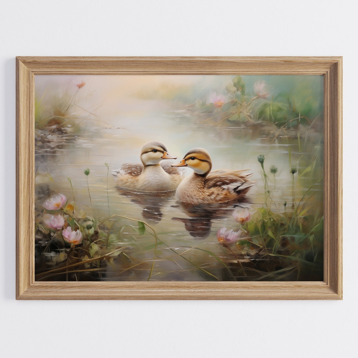 Two Ducks Swimming in a Pond Pink Flowers Cottagecore Art Poster