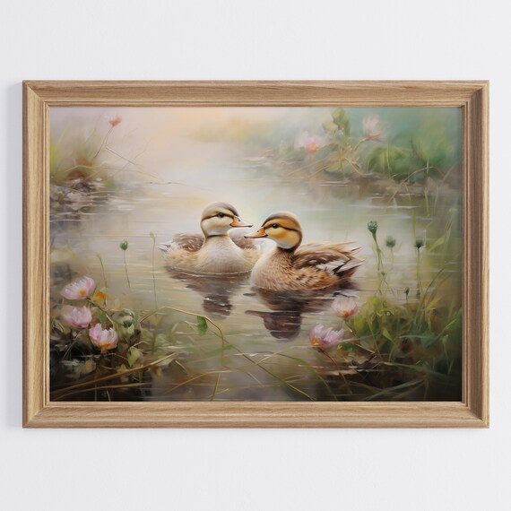 Two Ducks Swimming in a Pond Pink Flowers Cottagecore Art Poster