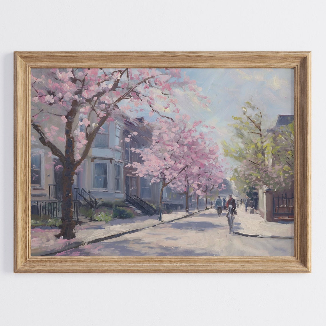 Cherry Blossom Street with Townhouses in Bright Spring City Poster