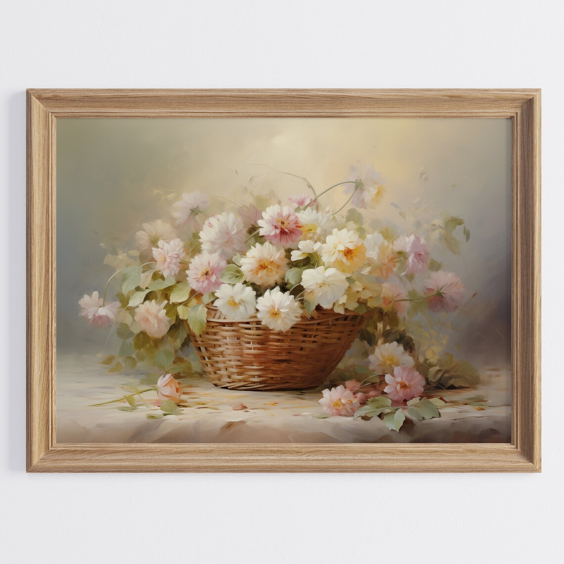 White Blush Flowers in Wicker Basket Soft Farmhouse Still Life Print