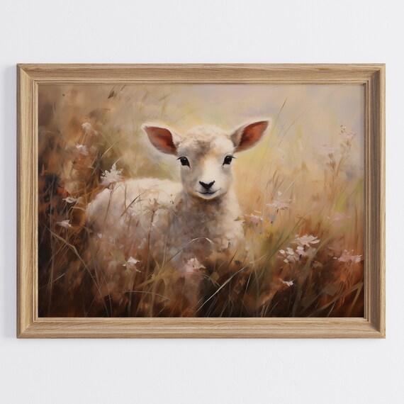 Adorable Lamb in Golden Spring Meadow Pastel Rustic Farm Animal Poster