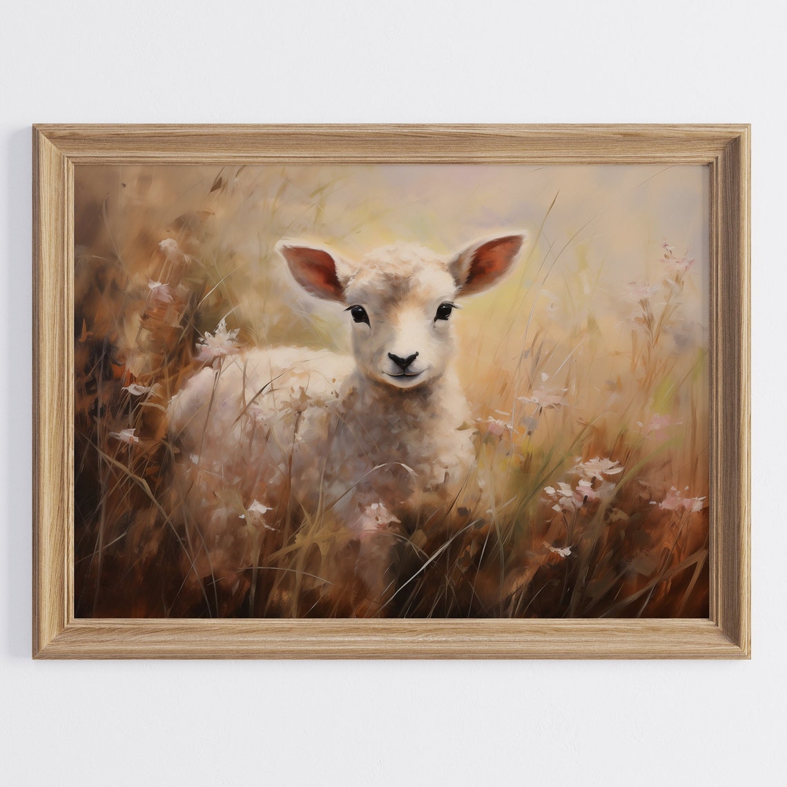 Adorable Lamb in Golden Spring Meadow Pastel Rustic Farm Animal Poster