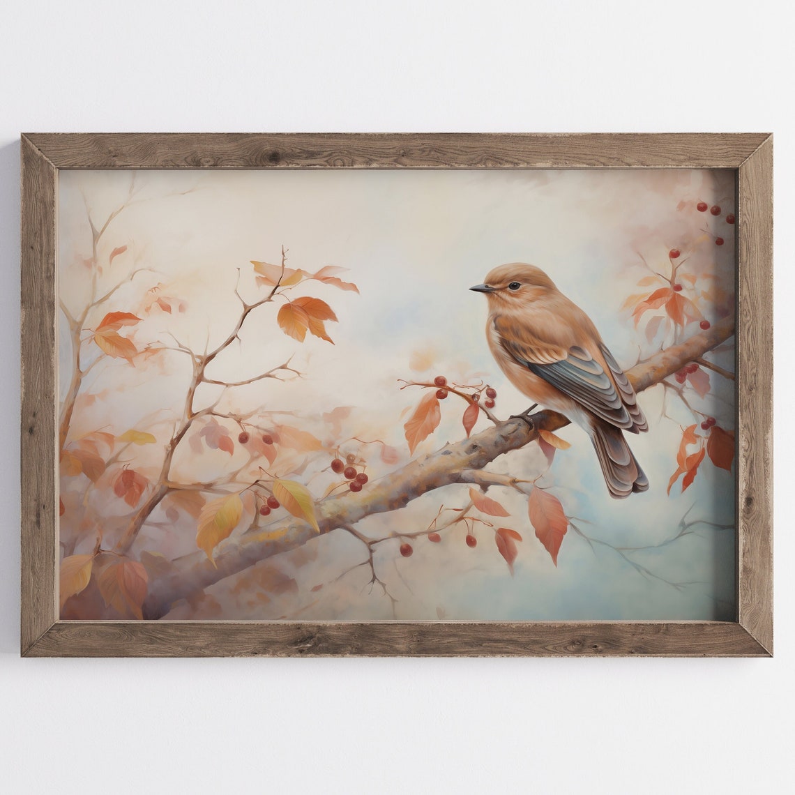 Small Songbird Berry Branch Autumn Leaves Warm Garden Bird Poster
