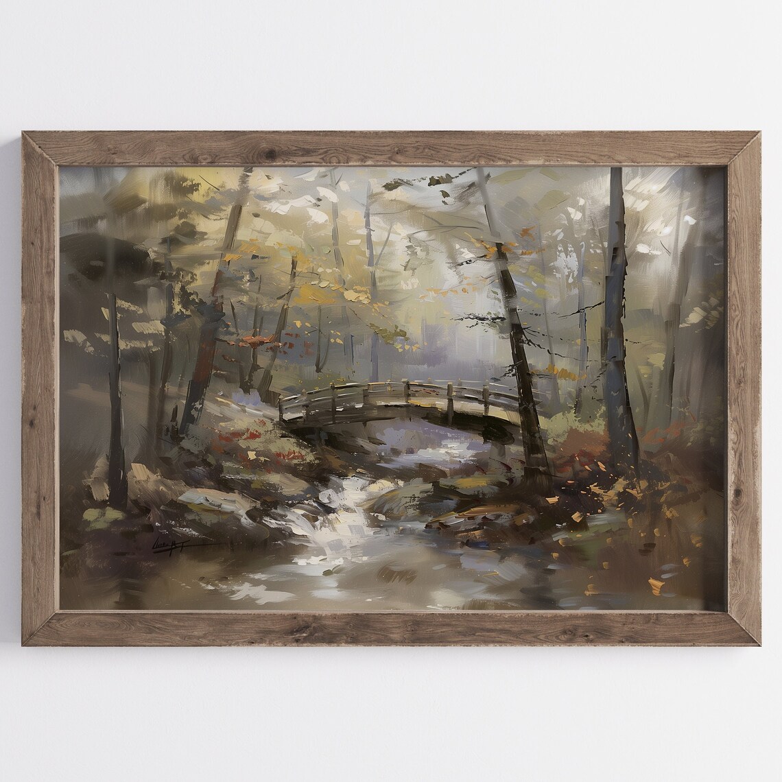 Moody Forest Stream Wooden Footbridge Autumn Woodland Oil Poster