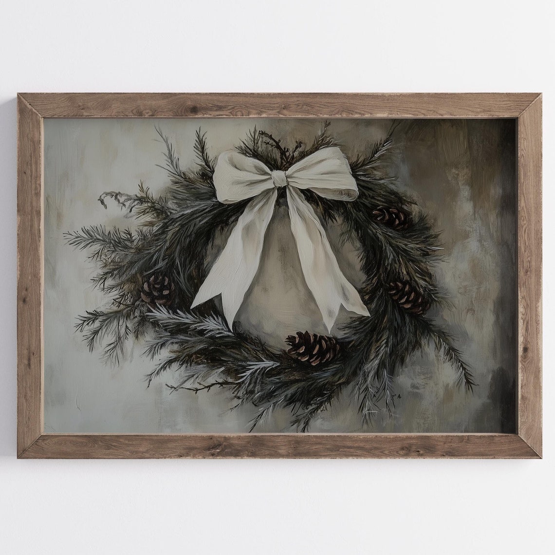 Pine Wreath White Bow Muted Winter Minimalist Christmas Wall Art