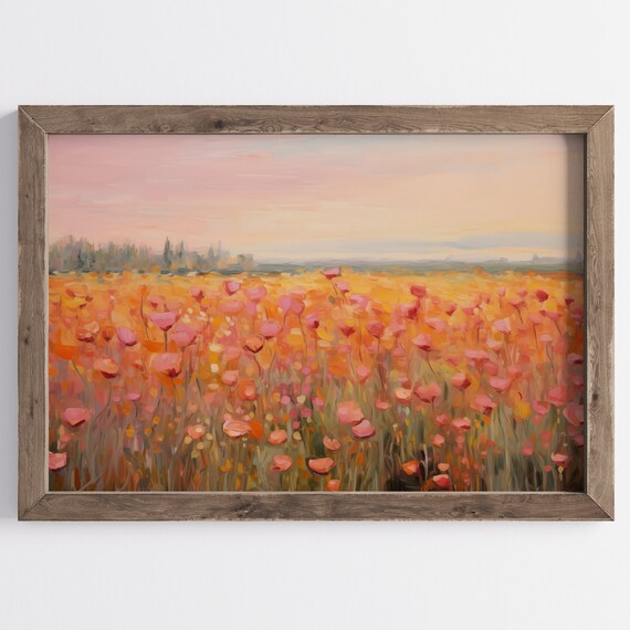 Orange Poppy Field At Sunset Impressionist Floral Meadow Wall Art