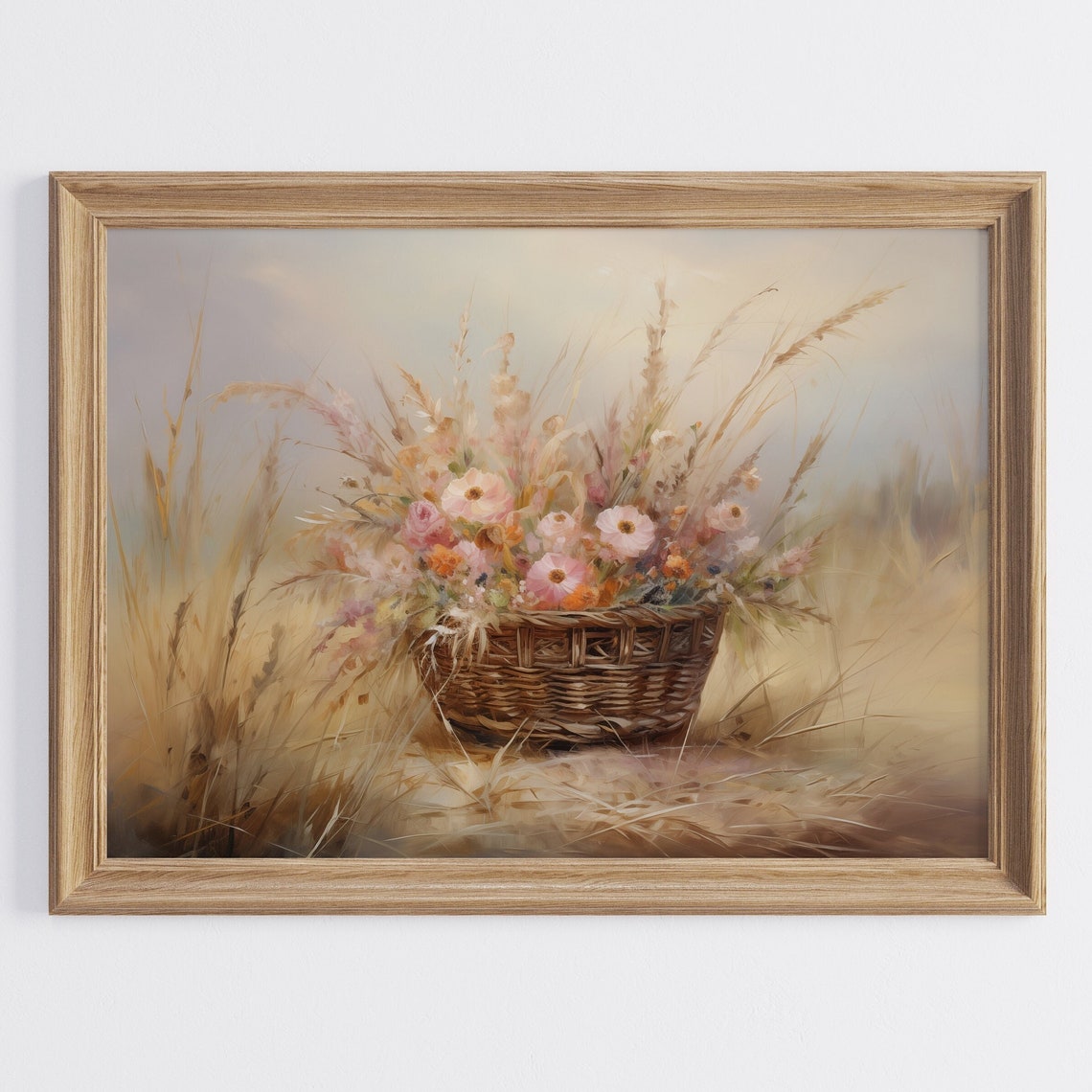 Wildflower Basket in Golden Wheat Field Warm Oil Painting Poster