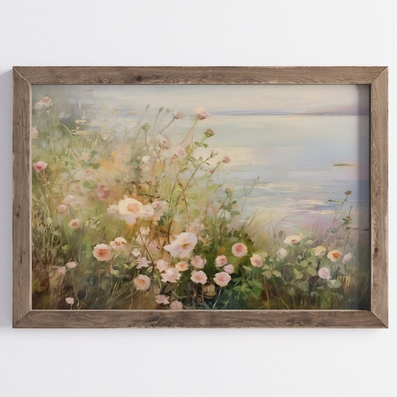Pink Wildflowers by the Sea Coastal Meadow Oil Painting Poster