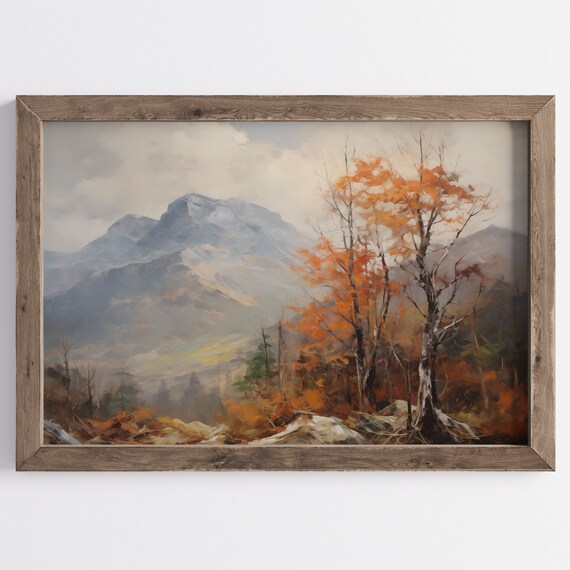 Misty Mountain Peak Orange Birch Tree Autumn Fall Vintage Poster