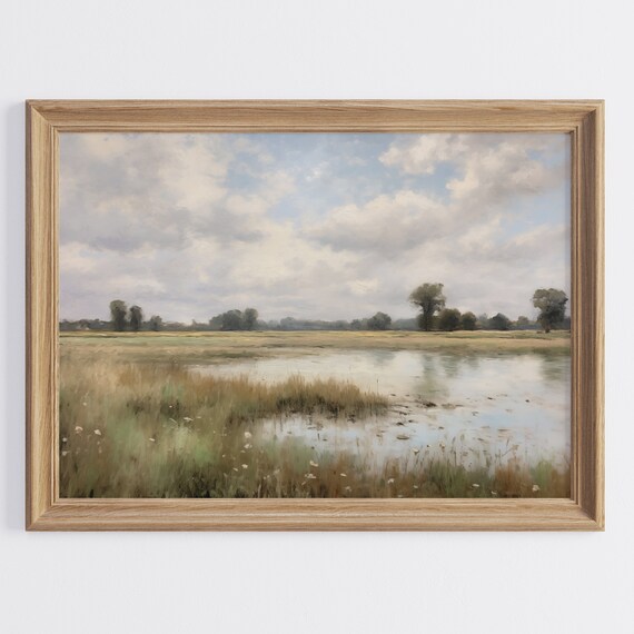 Tranquil Marsh Pond Neutral Country Landscape Oil Painting Print