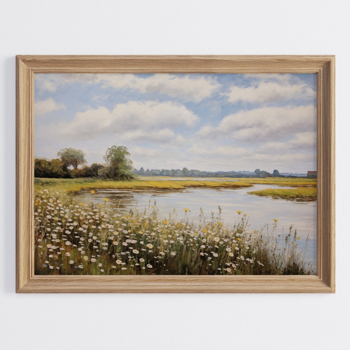 Yellow Wildflowers By River Marsh Under Big Cloudy Sky Poster