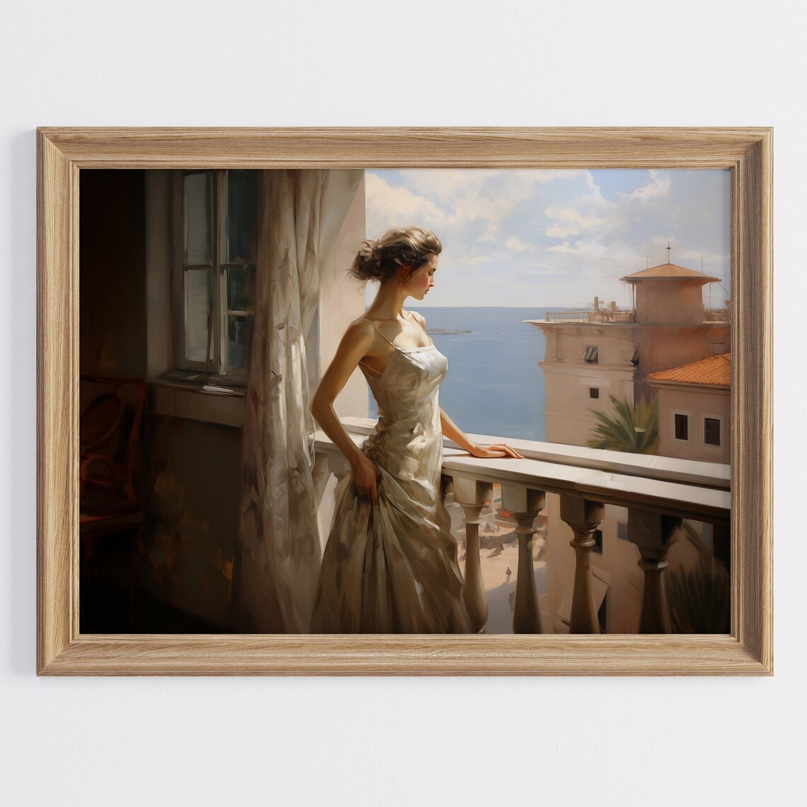 Elegant Woman in White Gown on Mediterranean Balcony Sea View Print