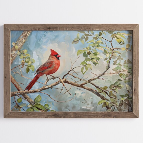 Red Cardinal Bird On Branch Against Blue Sky Spring Nature Oil Painting Poster