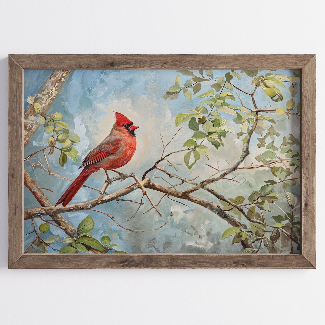 Red Cardinal Bird On Branch Against Blue Sky Spring Nature Oil Painting Poster