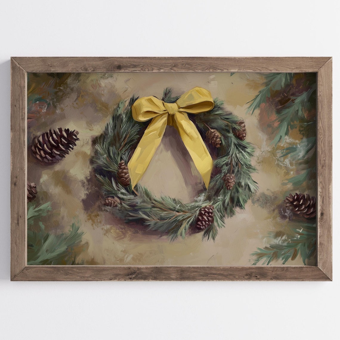 Evergreen Wreath Yellow Bow Pinecones Rustic Christmas Wall Art