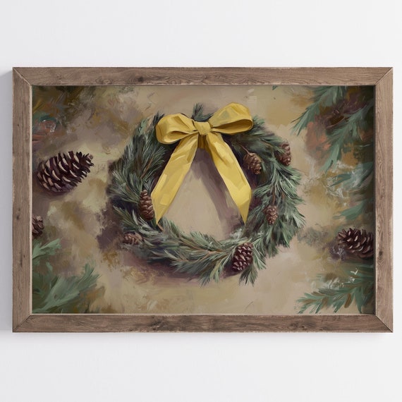 Christmas Vintage Yellow Wreath Christmas Decor Wreath Christmas Wall Art Rustic Christmas Wall Art Moody Holiday Decor Winter Wreath Decor