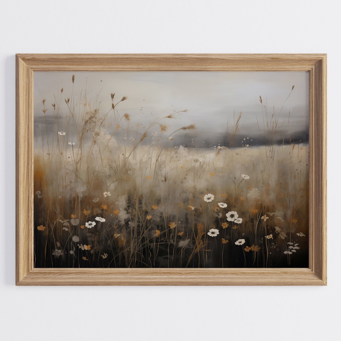Moody Neutral Wildflowers in Tall Golden Grass Dark Academia Poster