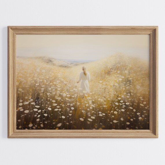 Woman Walking in Golden Wildflower Meadow Dreamy Oil Painting Poster