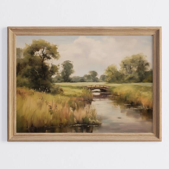 Countryside Stream with Stone Bridge Lush Green Vintage Style Poster