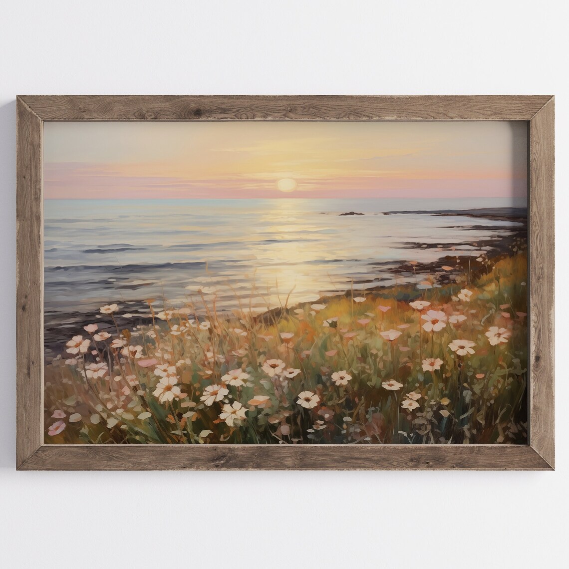 Coastal Sunset Ocean Wildflower Meadow Seaside Golden Hour Poster
