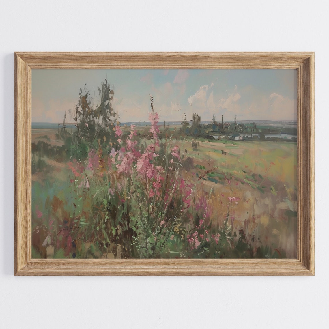 Pink Wildflowers Meadow Summer Landscape Oil Painting Poster