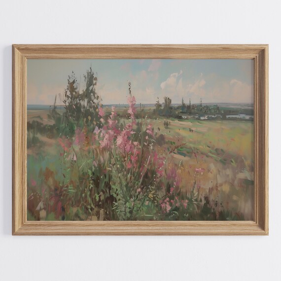 Pink Wildflowers Meadow Summer Landscape Oil Painting Poster