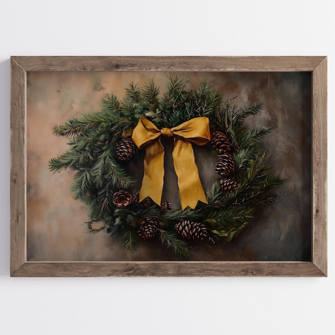 Pine Wreath Gold Bow Pinecones Holiday Still Life Decor Wall Art