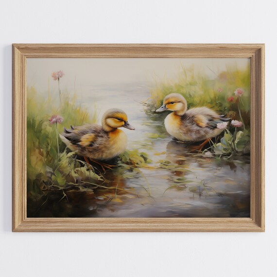 Two Ducklings at a Pond Edge Spring Wildflowers Vintage Art Poster