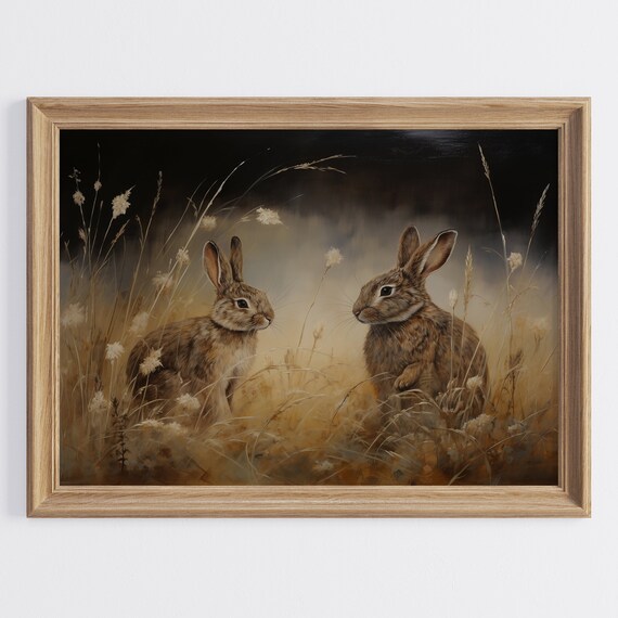 Two Hares at Dusk in Moody Meadow Wildlife Oil Painting Poster
