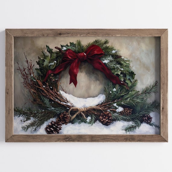 Christmas Red Moody Wreath Vintage Christmas Decor Christmas Wreath Wall Art Rustic Christmas Wall Art Pinecone Holiday Decor Winter Wreath