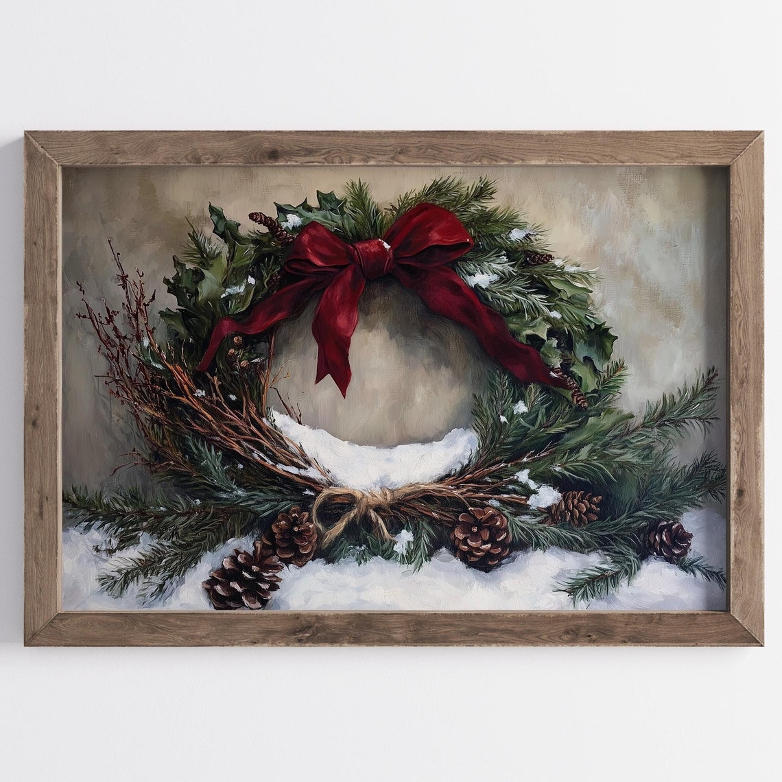 Rustic Twig Wreath Red Ribbon Snowy Pine Vintage Christmas Poster