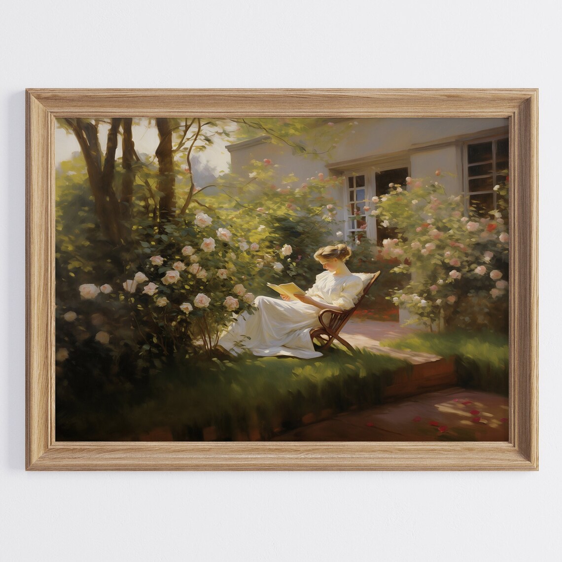 Woman Reading in a Rose Garden Vintage Style Romantic Art Poster